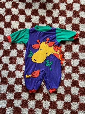 Vintage Colorful Purple & Green Giraffe Baby Romper